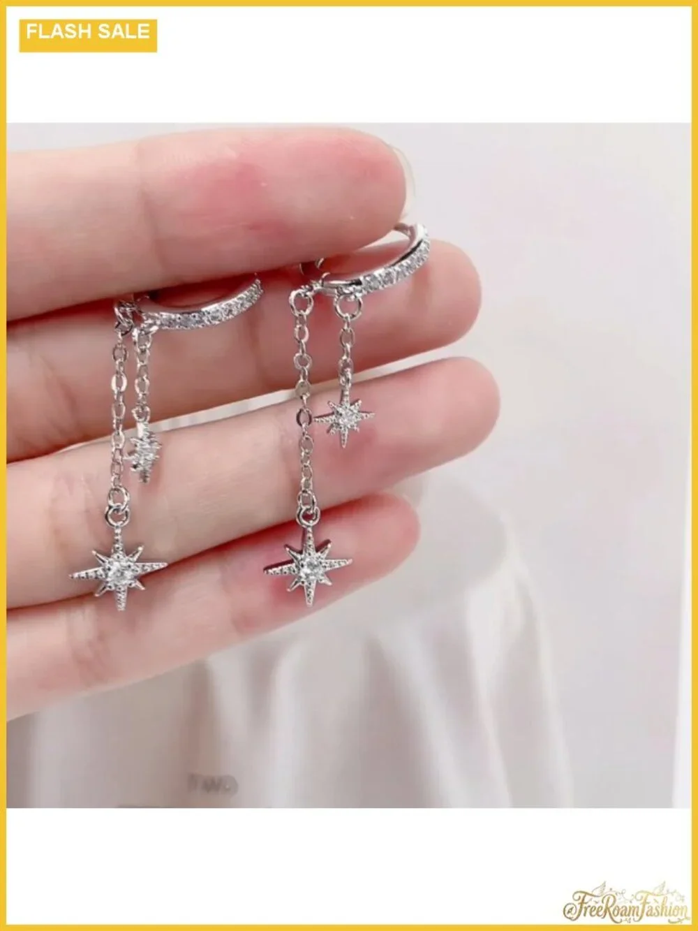 Silver Plated Double Star CZ Huggie Dangle Earrings Hypoallergenic